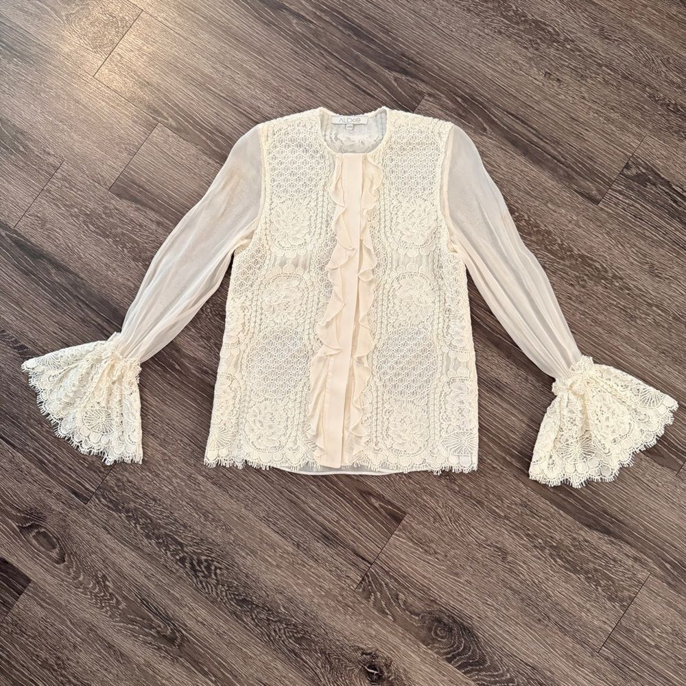 ALEXIS Ivory Silk Chiffon Floral Lace Ruffle Hidden Buttons Blouse Top